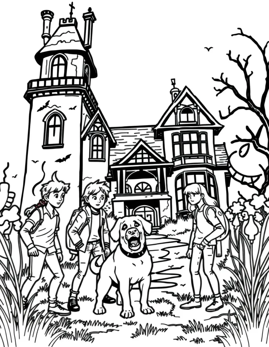 A group of teenagers and their dog investigating a haunted mansion