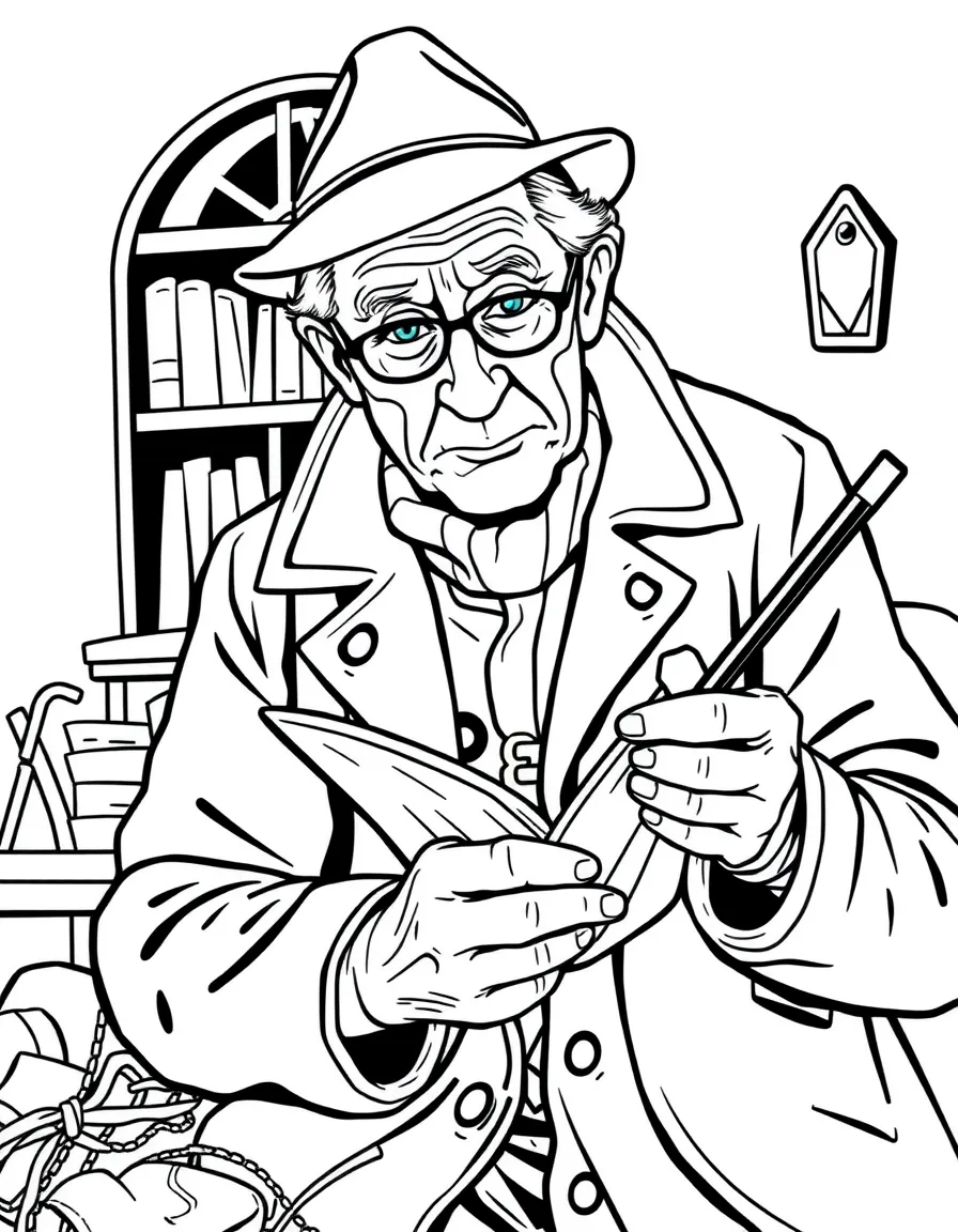 An elderly detective knitting while solving a murder case