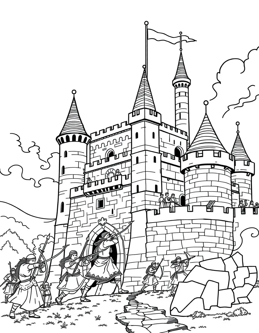 A medieval castle under siege with archers on the walls