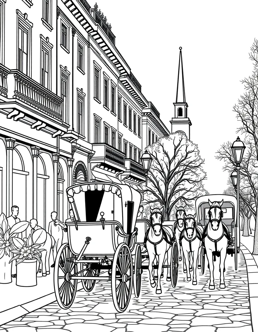 A Victorian street scene with horse-drawn carriages