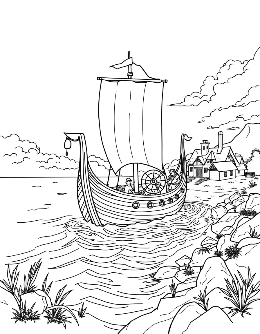 A Viking longship approaching a coastal village