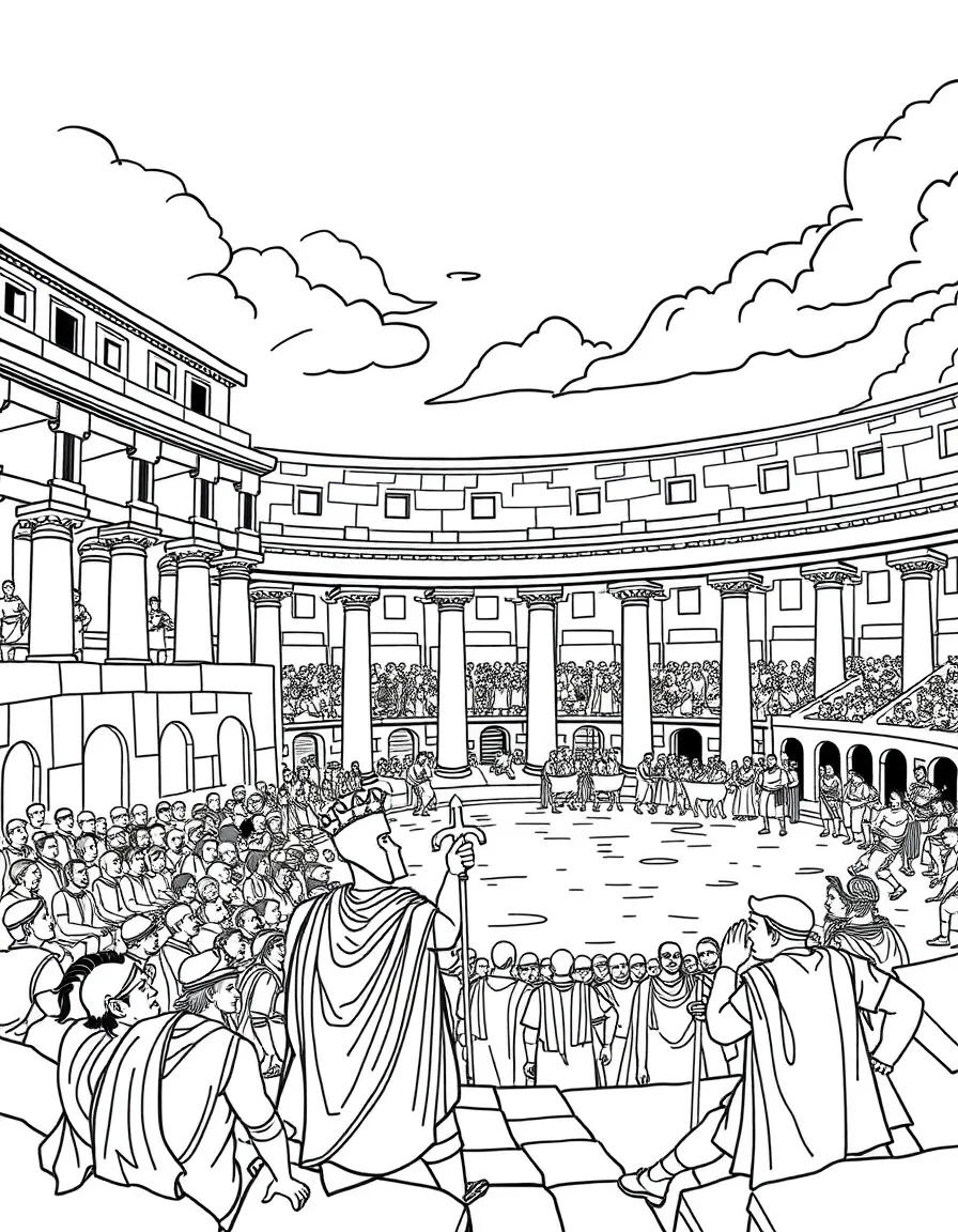 A Roman gladiatorial arena with spectators and emperor