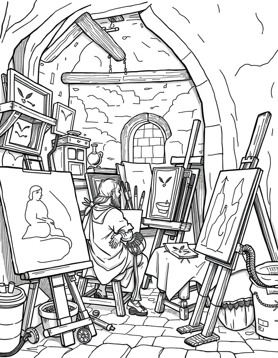 A Renaissance artist's workshop with works in progress
