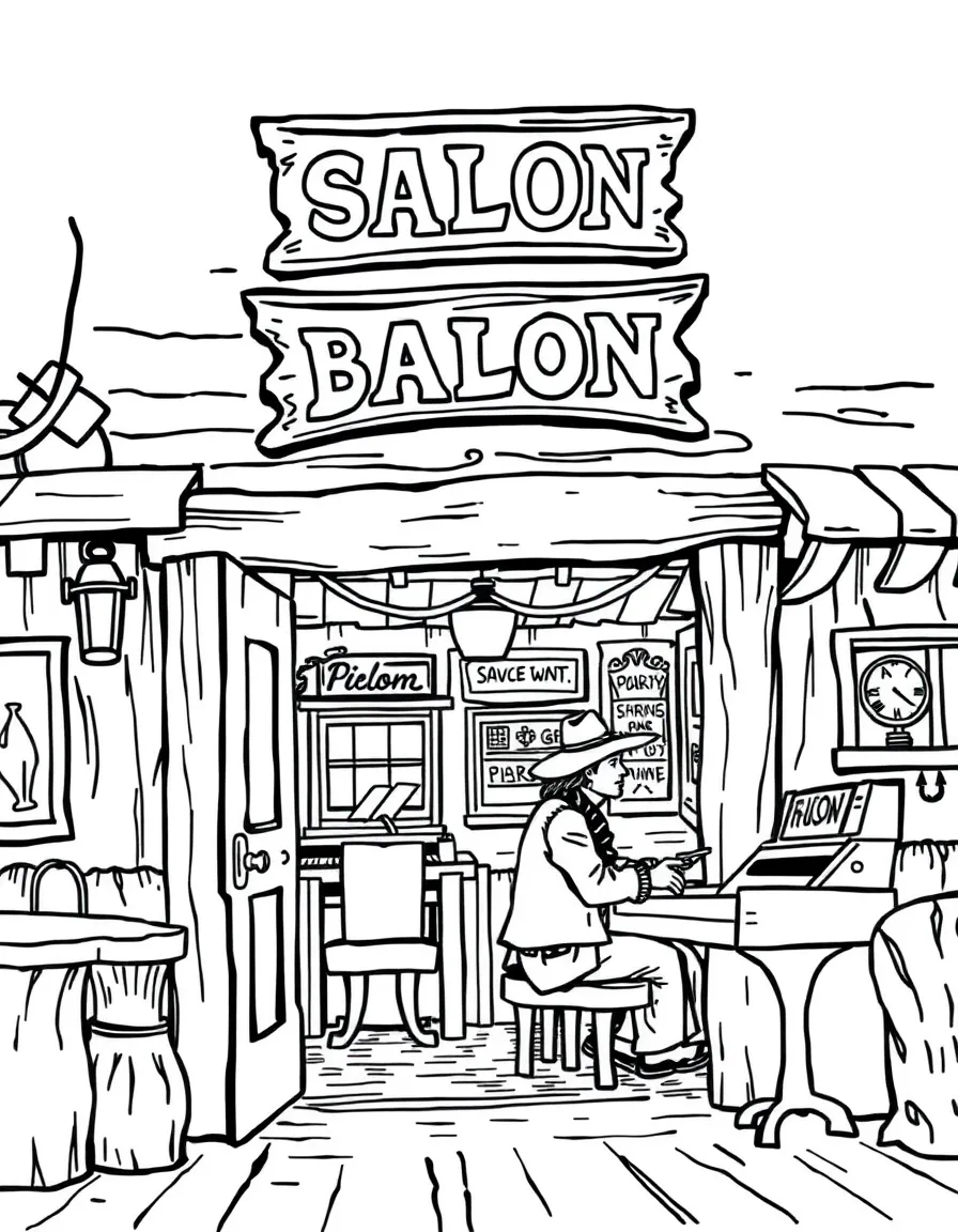 A Wild West saloon with swinging doors and piano player