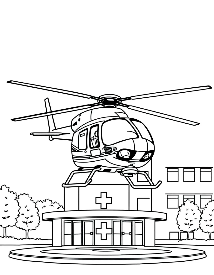 A medical helicopter landing on hospital helipad