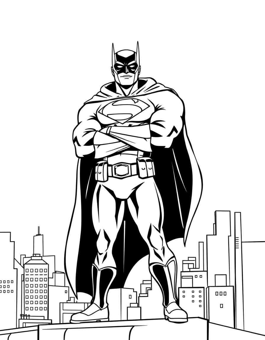 A caped hero standing tall on a city rooftop, arms crossed confidently