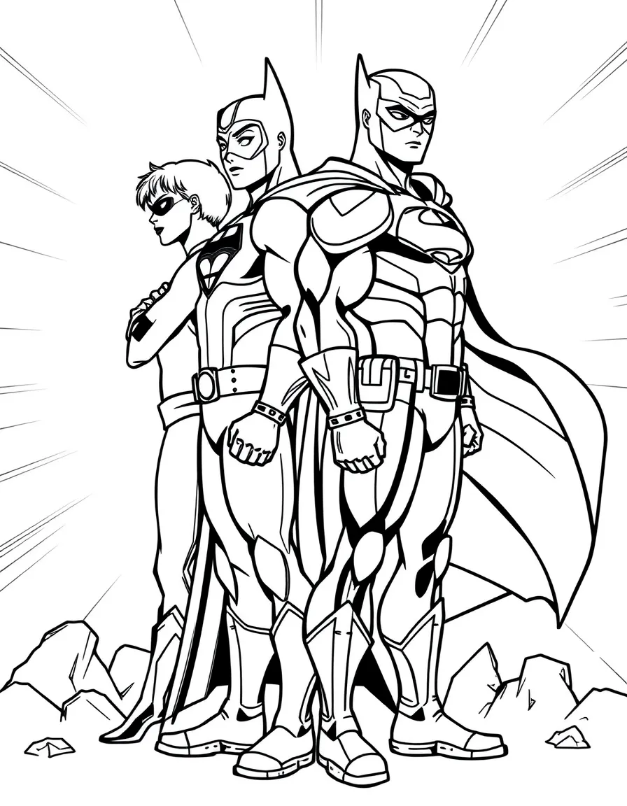 A superhero team standing back-to-back in a defensive circle