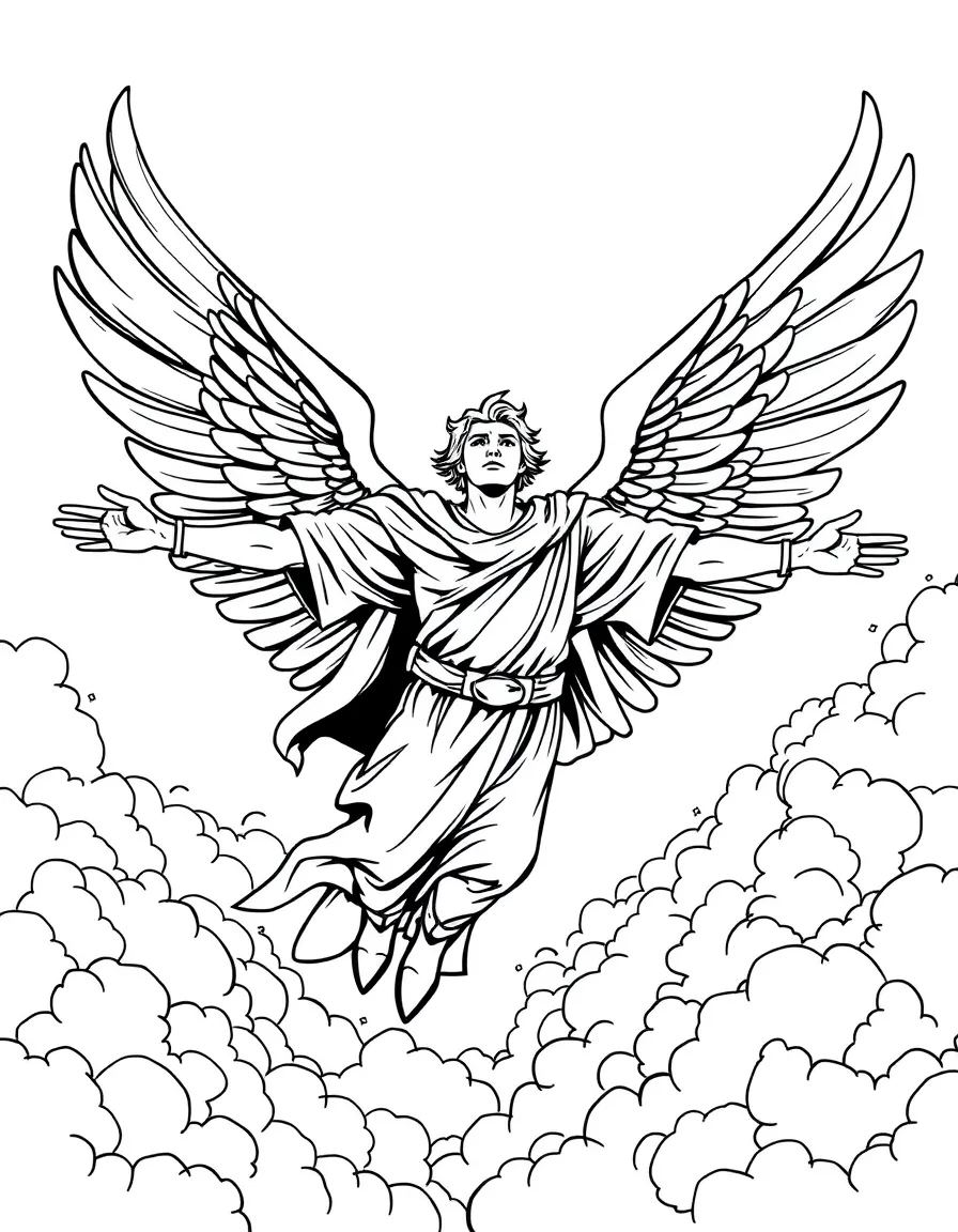 A winged hero soaring through clouds with arms outstretched
