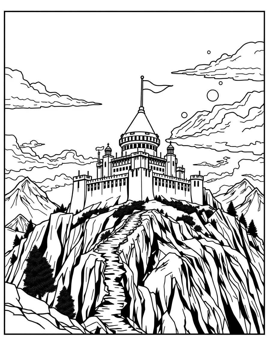 A mountaintop fortress with defense systems activated
