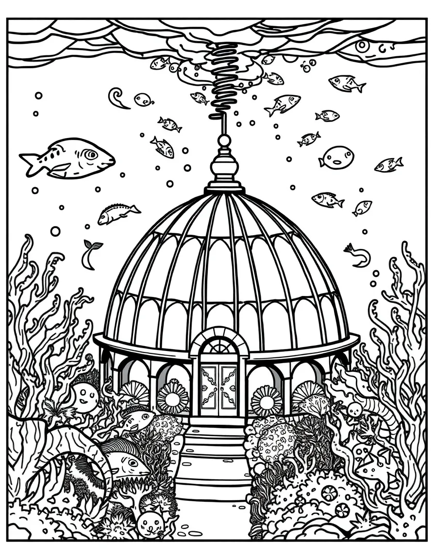 A underwater dome headquarters with sea creatures swimming around