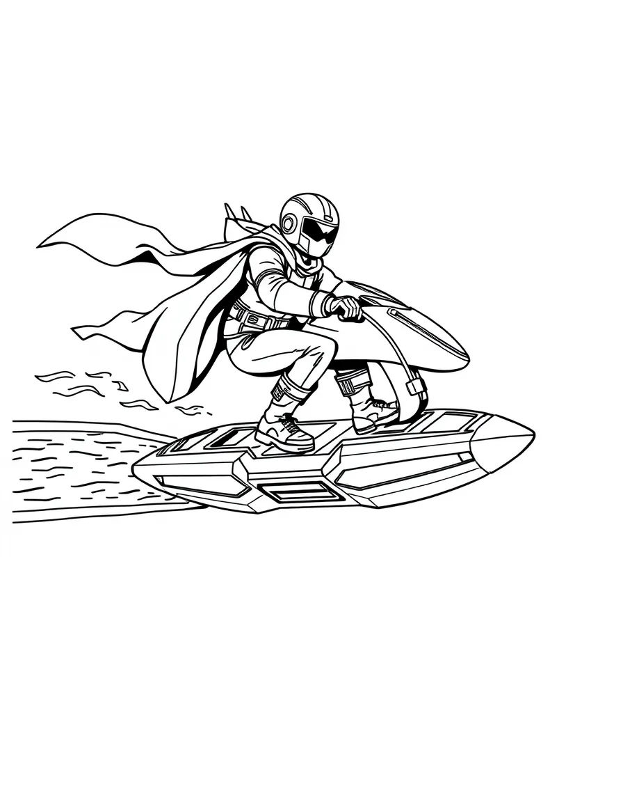 A jet-powered hover board being ridden by a hero