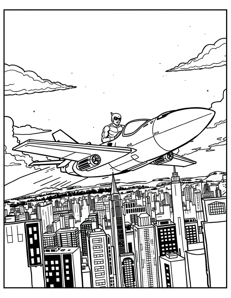 A hero's aircraft hovering above a city
