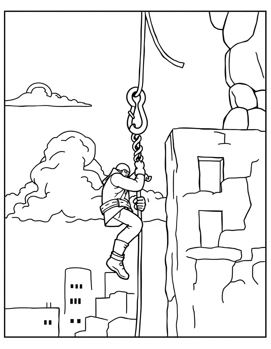 A grappling hook being used to scale a building