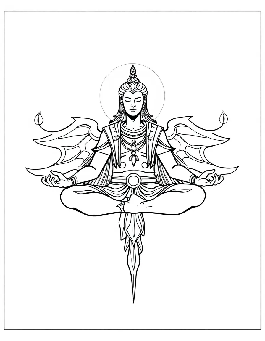 A mystical hero meditating in a floating position
