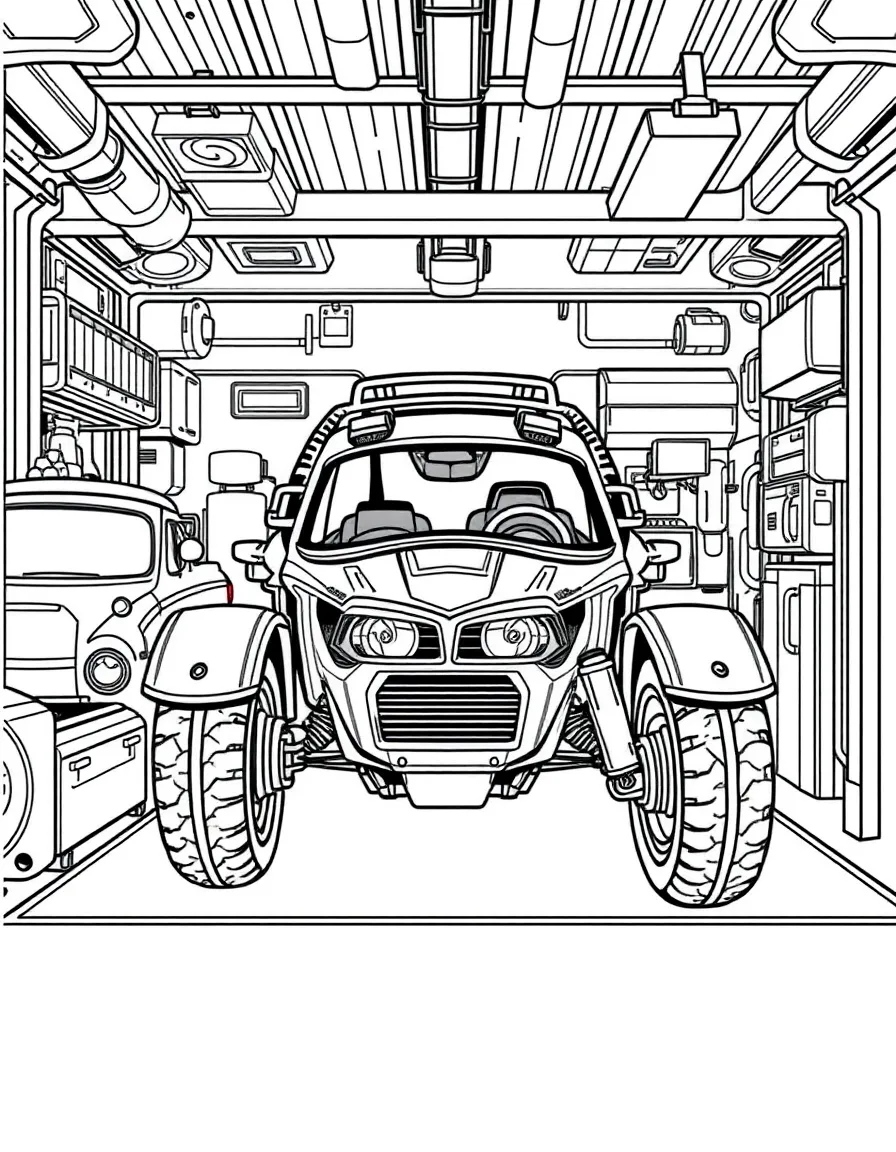 A hero's specialized vehicles in their garage