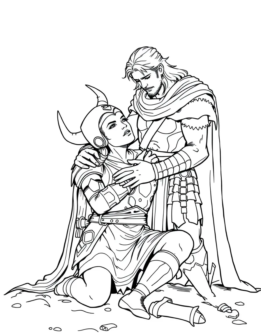 A hero showing compassion to a defeated enemy