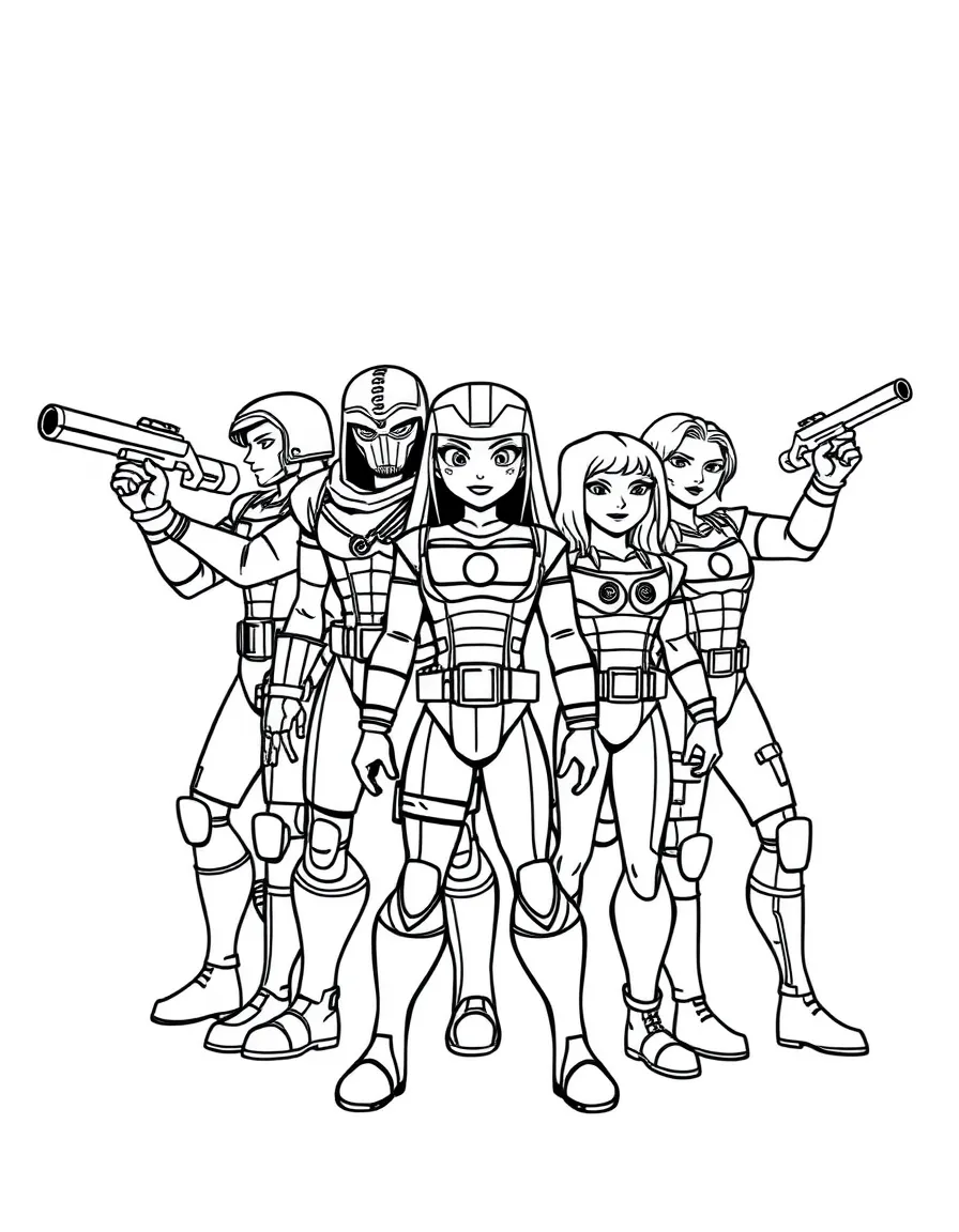 A set of action figures arranged in a team formation