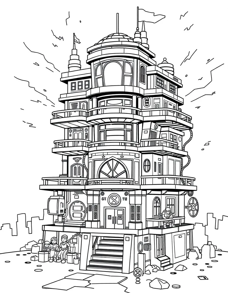 A superhero headquarters playset with multiple levels