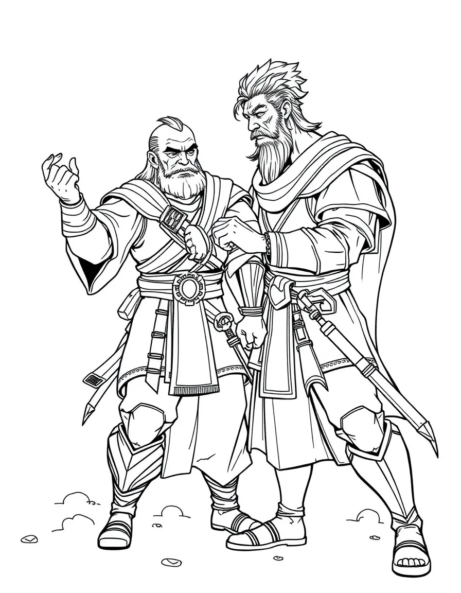 An elder hero teaching techniques to a young successor