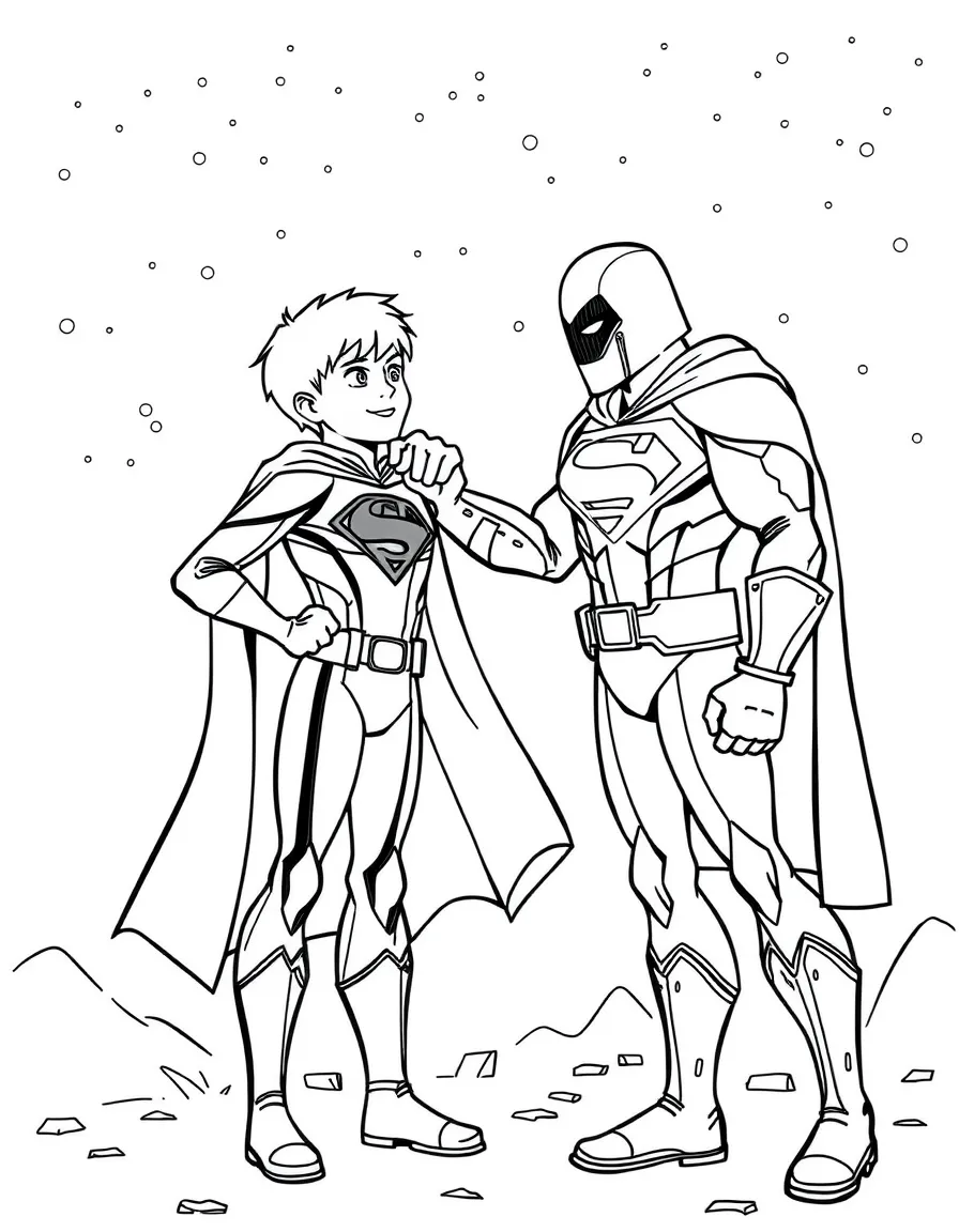 A young hero receiving their first costume from a mentor