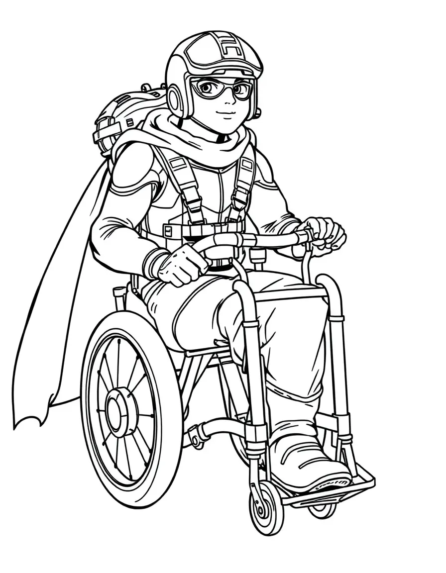 A hero with a visible disability using adaptive equipment