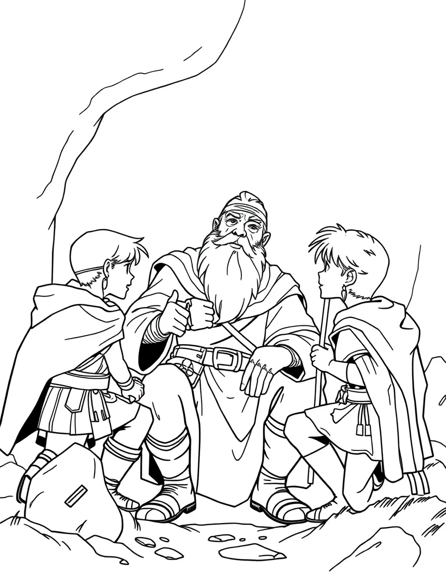 An elderly hero sharing wisdom with younger heroes