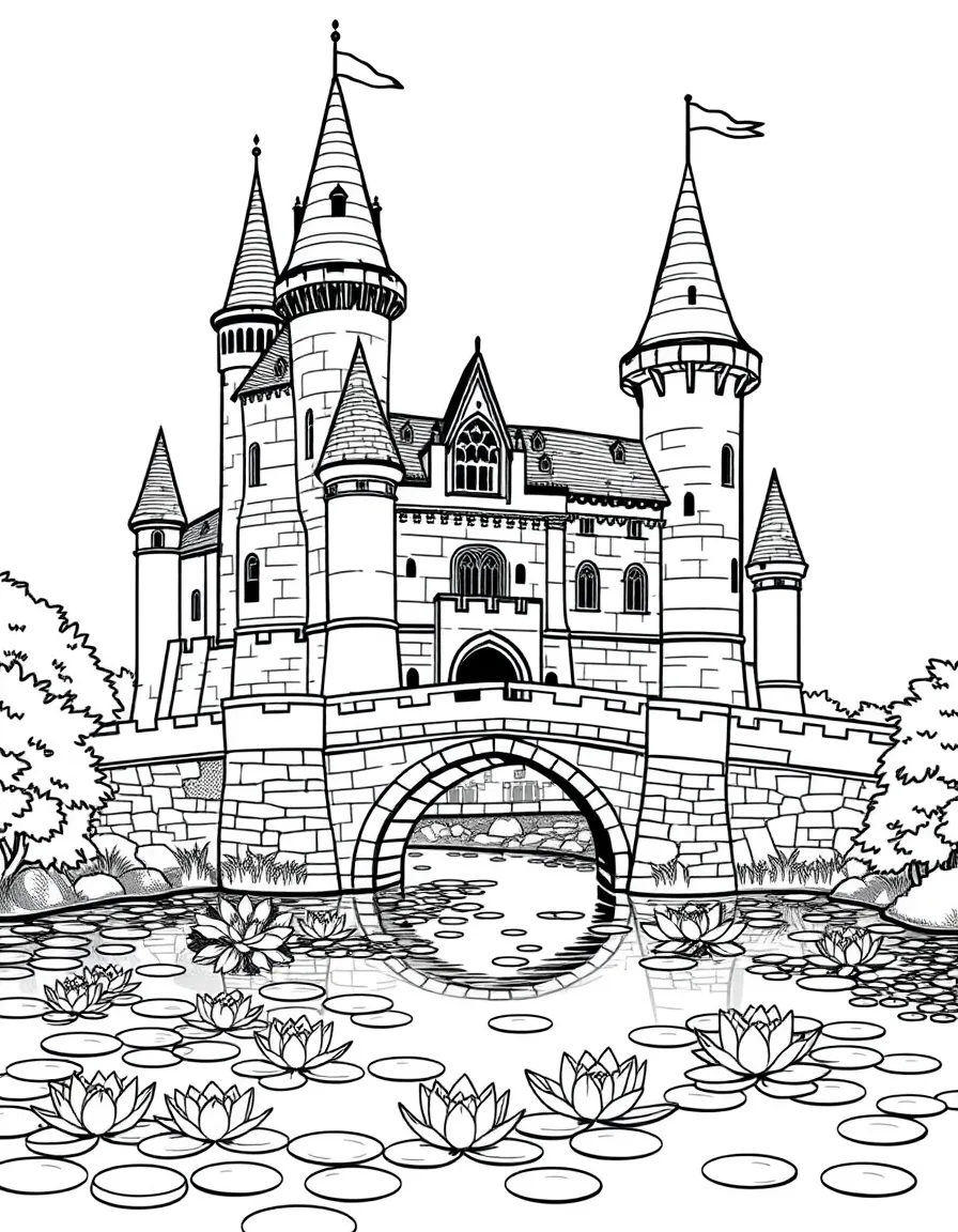 A majestic medieval castle with tall turrets and a stone bridge crossing a moat filled with water lilies