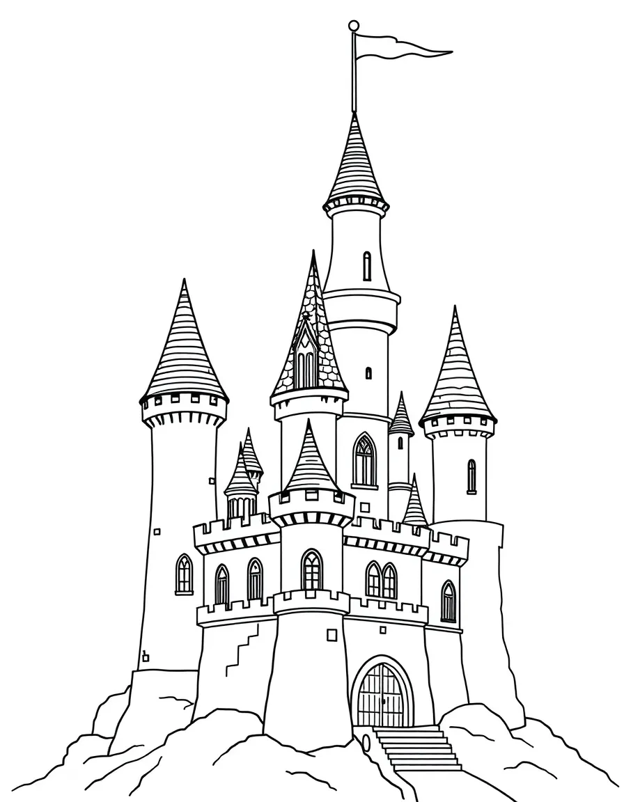 A fairy tale castle with spiraling towers topped with colorful flags fluttering in the breeze