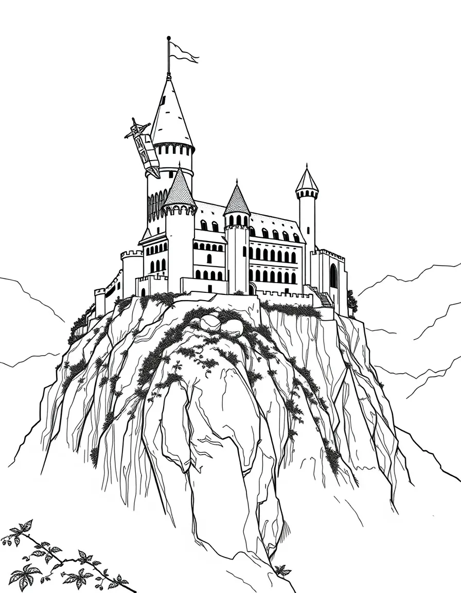 An ancient castle perched precariously on a craggy cliff overlooking a misty valley