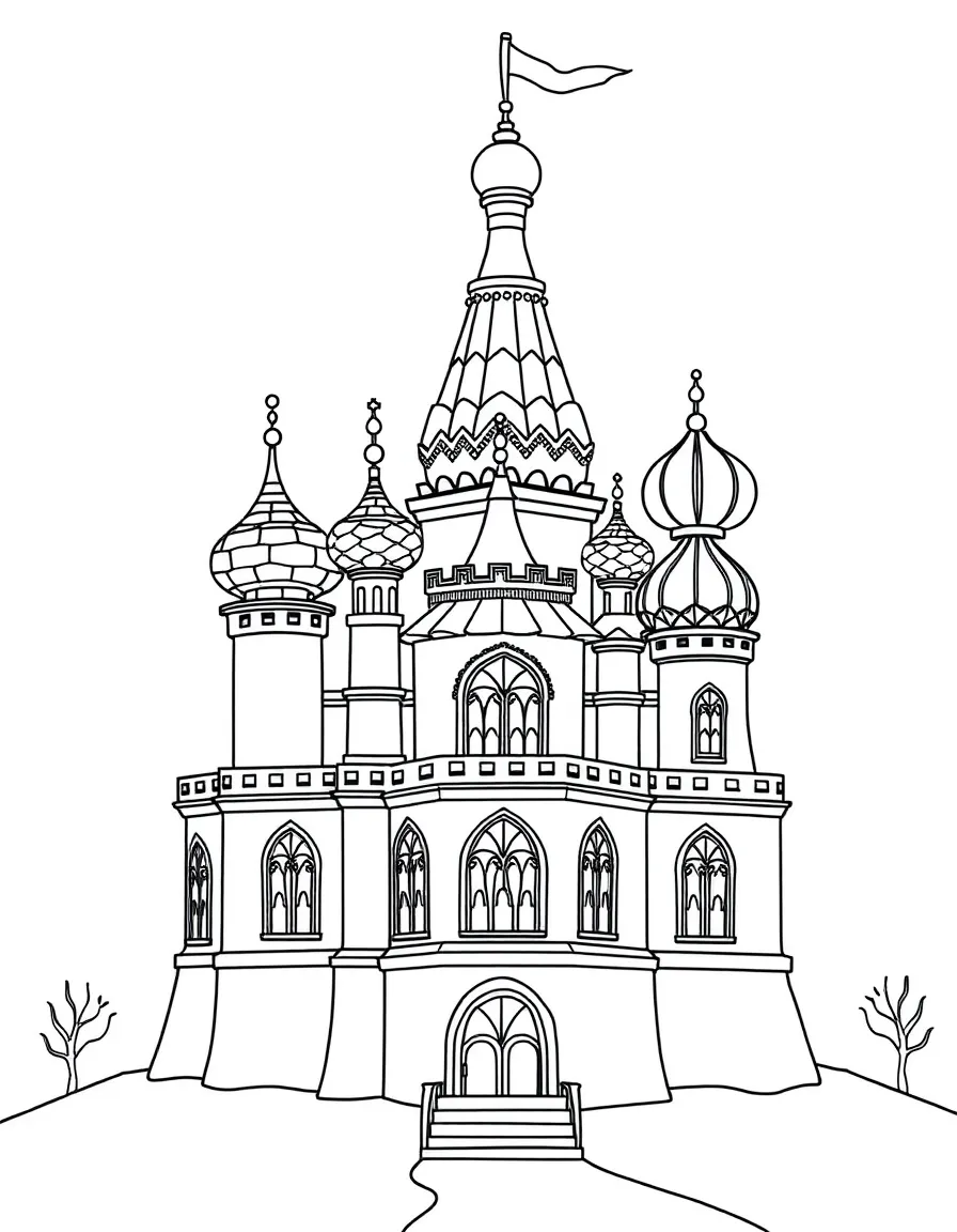 A whimsical castle with onion-shaped domes and intricate arched windows