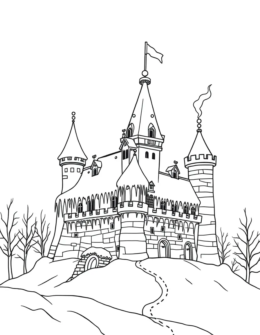 A snow-covered castle with icicles hanging from the battlements and smoke rising from stone chimneys
