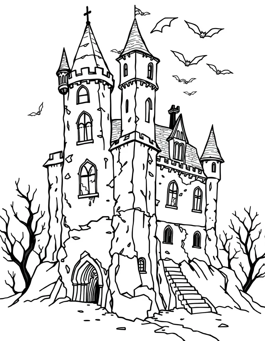 A haunted castle with broken windows, crumbling walls, and bats circling the highest tower