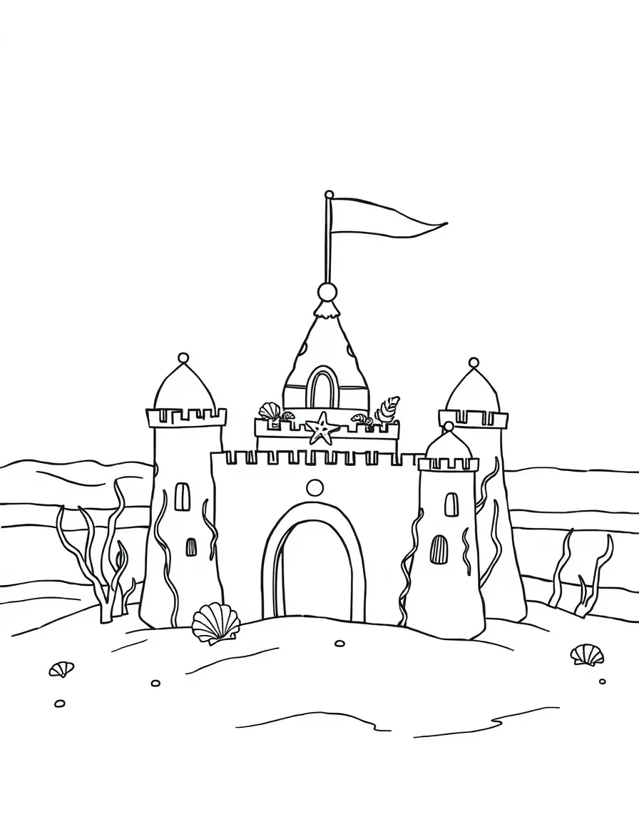 A sand castle kingdom on a beach with seashell decorations and tiny flags made of seaweed