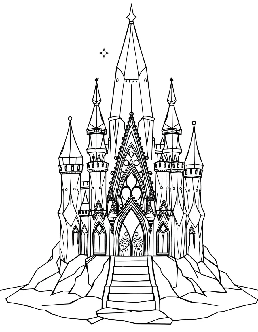 A magical crystal castle with geometric facets that catch and reflect the light
