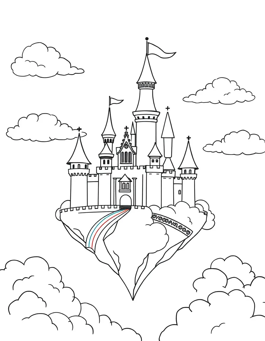 A floating castle suspended among fluffy clouds with rainbow bridges connecting its towers