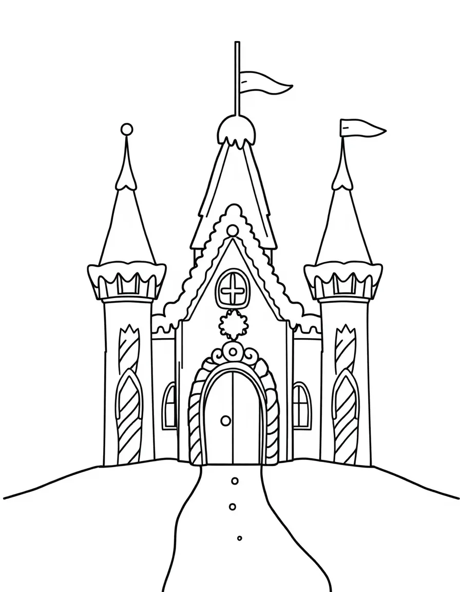 A gingerbread castle with candy cane pillars and frosting-covered turrets