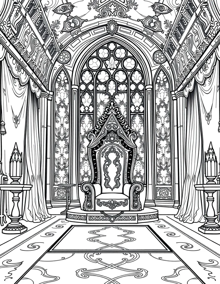 A grand castle throne room with ornate tapestries, a jeweled throne, and stained glass windows