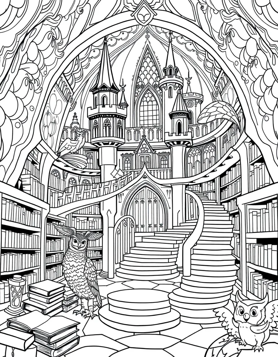 A magical castle library with floating books, spiral staircases, and owl messengers