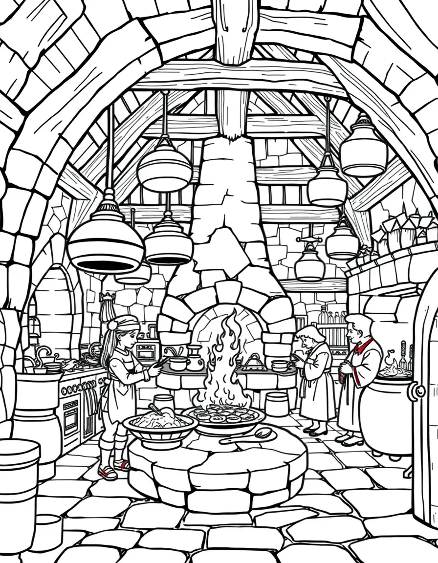 A castle kitchen with copper pots hanging from the ceiling, a stone hearth, and busy cooks preparing a feast