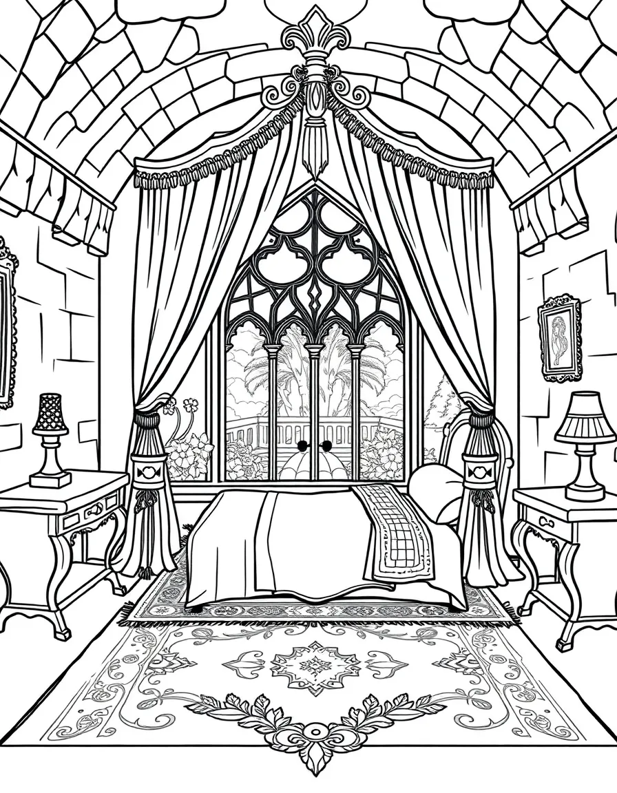 A castle bedroom with a canopy bed, ornate rugs, and a window overlooking an enchanted garden