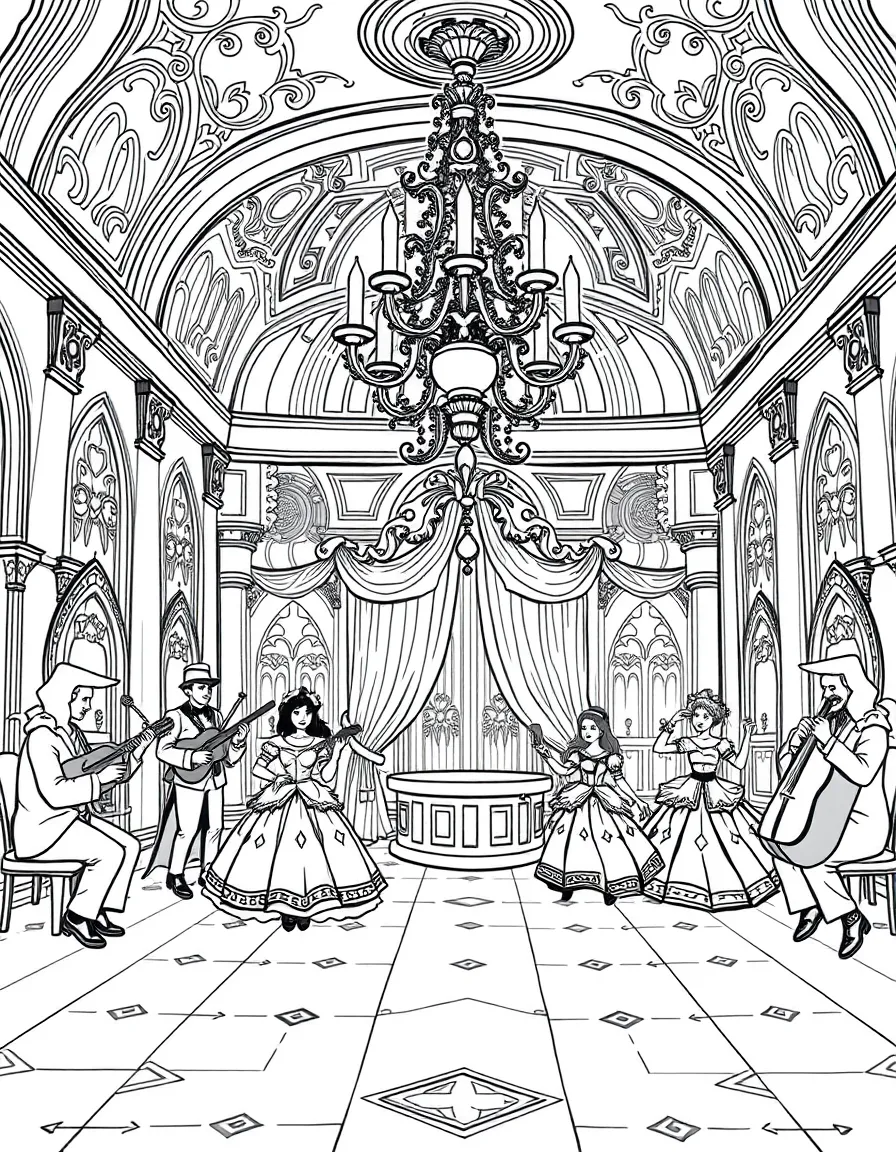 A castle ballroom with chandeliers, musicians playing instruments, and dancers in elaborate costumes