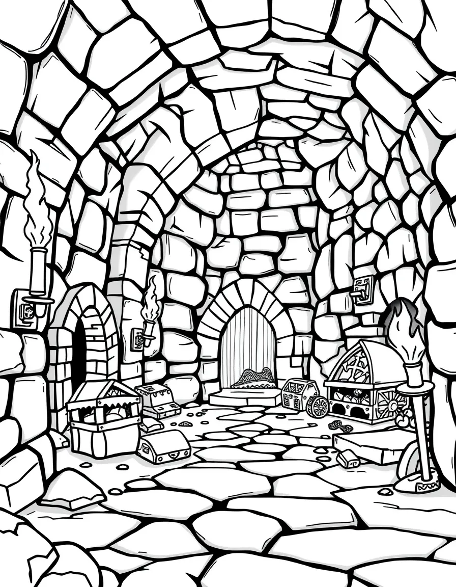 A castle dungeon with torches casting shadows on stone walls and mysterious treasures hidden in corners