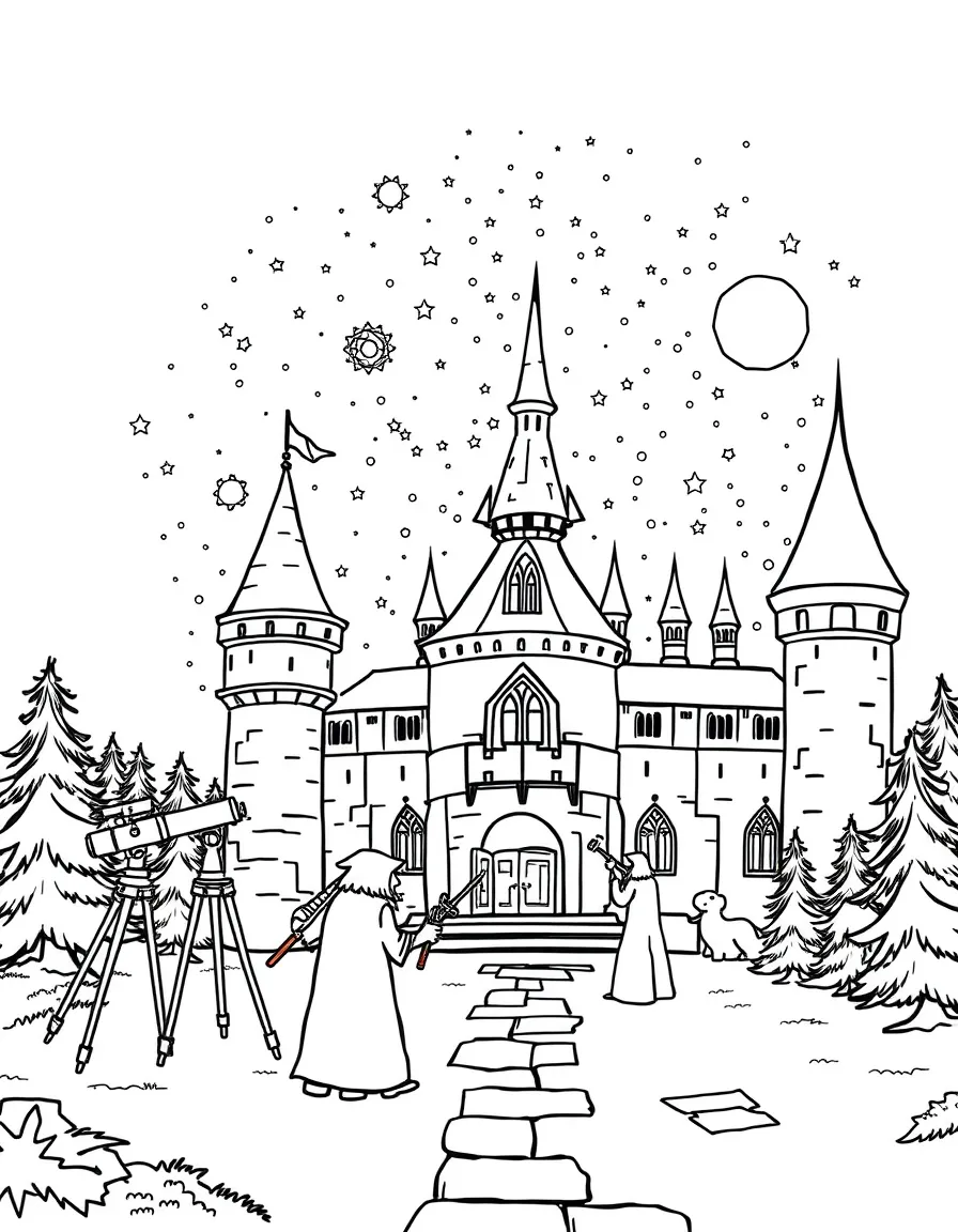A castle observatory with telescopes, star charts, and wizards studying the night sky