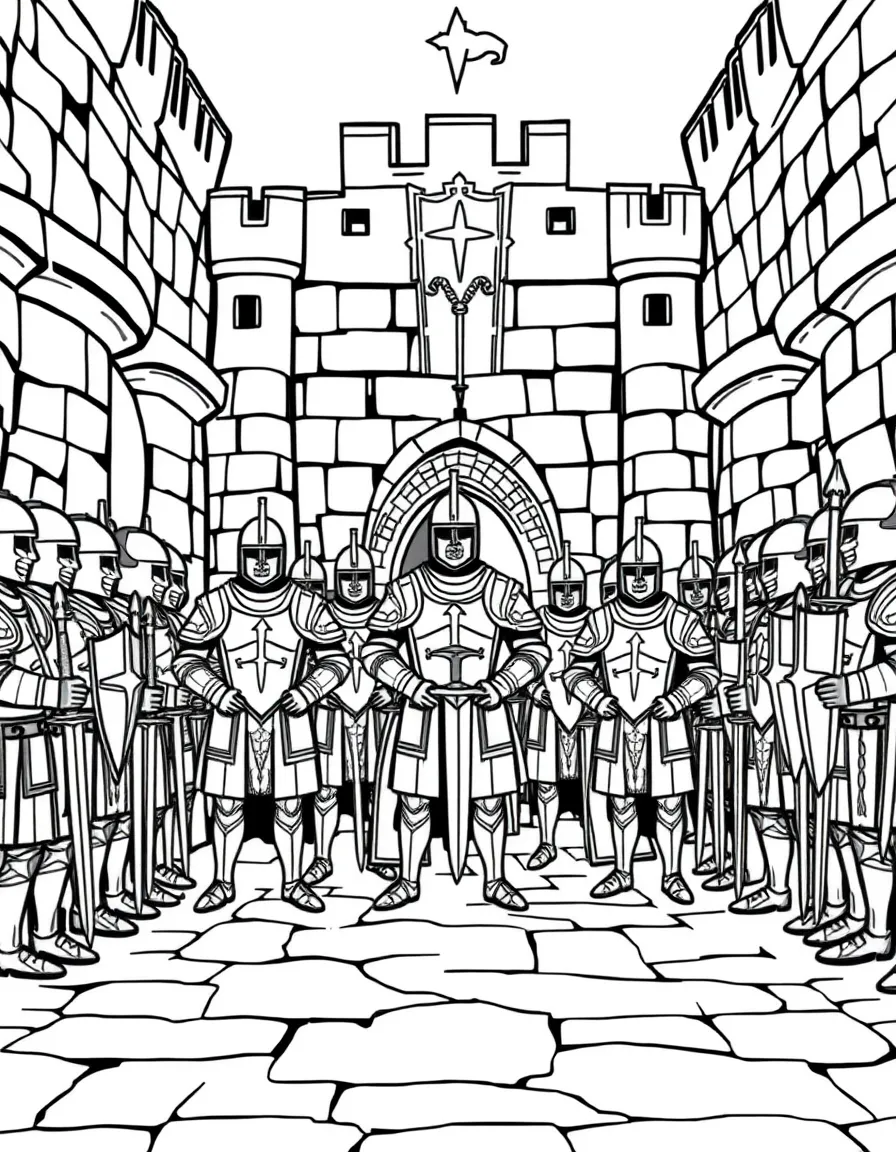 A castle armory filled with shields, swords, and suits of armor standing at attention