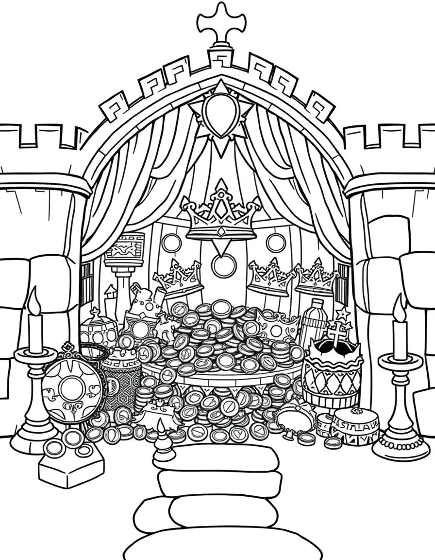 A castle treasury filled with gold coins, jeweled crowns, and magical artifacts