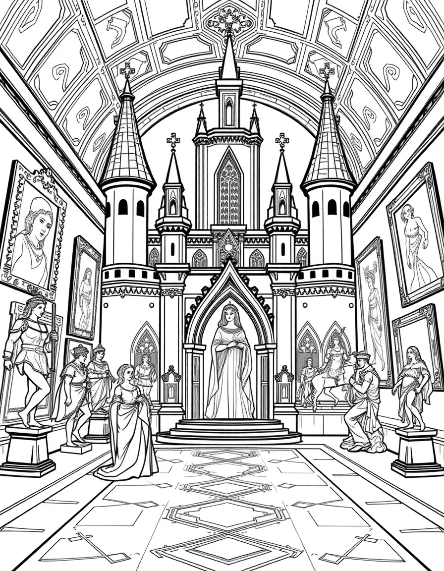A castle art gallery with portraits of royalty, sculptures, and magical paintings with moving figures