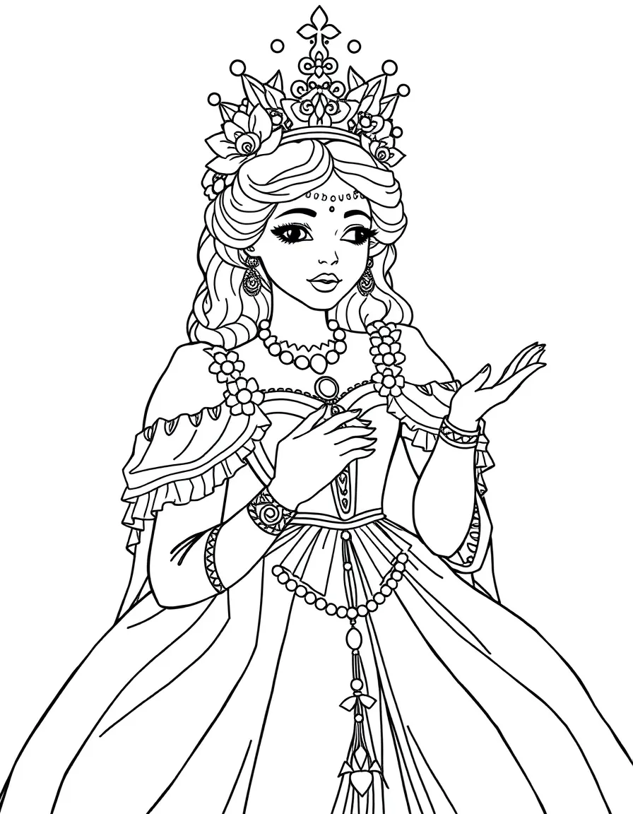 A kind queen in an elaborate gown with a flower crown addressing her loyal subjects