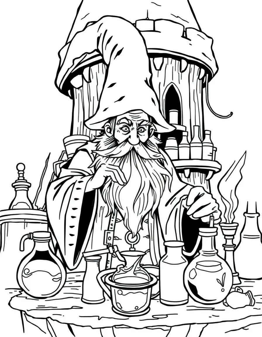 A wise old wizard with a flowing beard working in his tower laboratory surrounded by potions