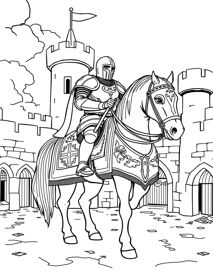 A brave knight in shining armor mounting his decorated horse in the castle courtyard