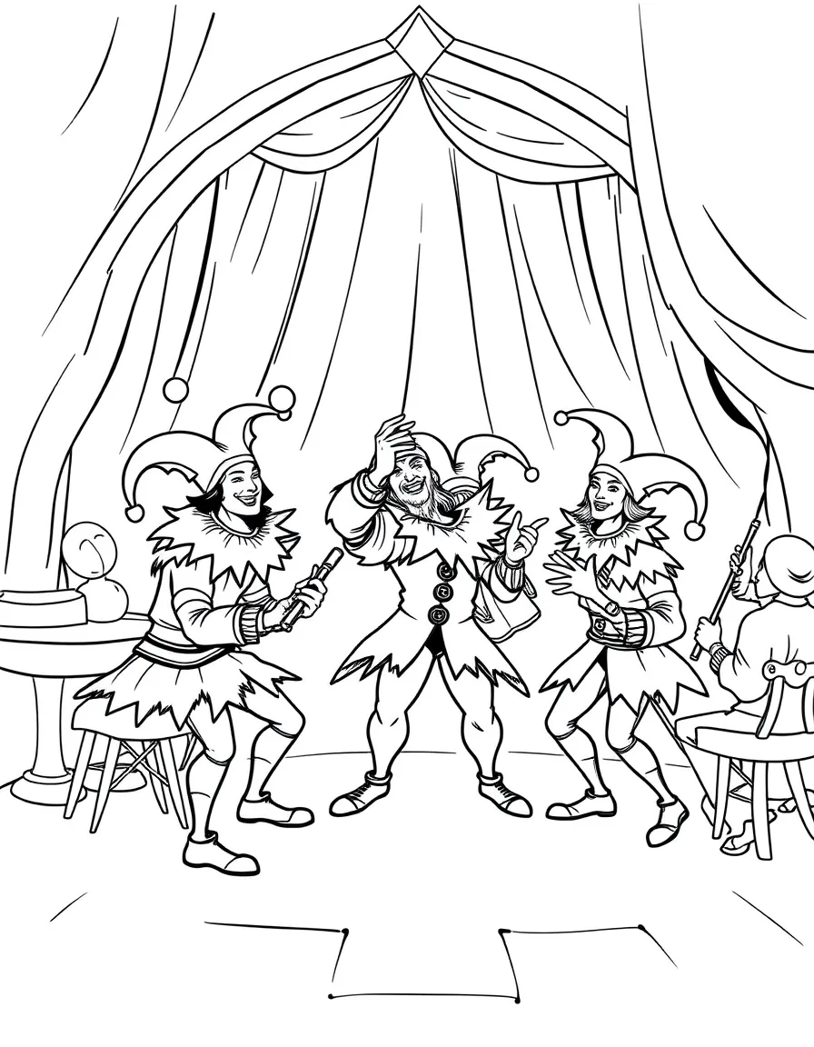 A mischievous group of jesters entertaining the court with juggling and acrobatics